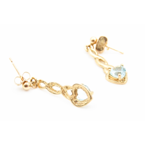 194 - Pair of Heart Cut Aquamarine Set Drop Earrings Mounted in 9 Carat Yellow Gold 2.5cm Drop