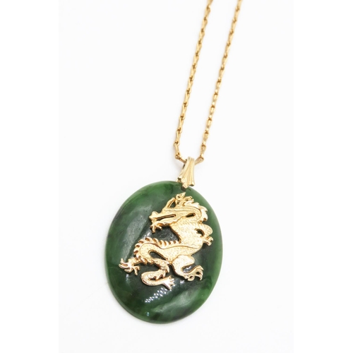 195 - Vintage Hong Kong Jade Pendant Gold Plated Chain DRagon Motif Chain 46cm Pendant 5cm