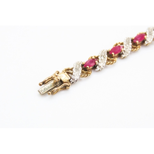 196 - Finely Detailed Ruby and Diamond Set Ladies Bracelet Mounted in 9 Carat Yellow Gold 19.5cm Long