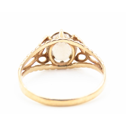 197 - 9 Carat Yellow Gold Quartz Set Single Stone Ring Filigree Form Setting Ring Size O and a Half