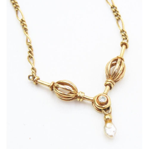 208 - Finely Detailed Diamond and Seed Pearl Set 9 Carat Yellow Gold Necklace 40cm Long