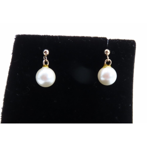 209 - Pair of 9 Carat Yellow Gold Pearl Set Drop Earrings 7mm Each