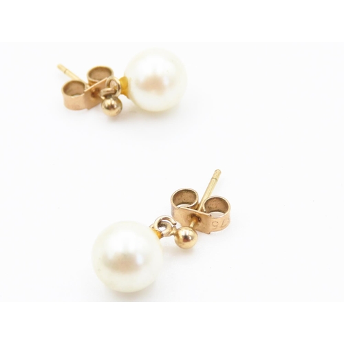 209 - Pair of 9 Carat Yellow Gold Pearl Set Drop Earrings 7mm Each