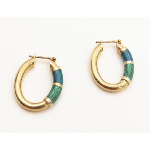 212 - Pair of 9 Carat Yellow Gold Enamel Decorated Oval Hoop Earrings Each 2cm High