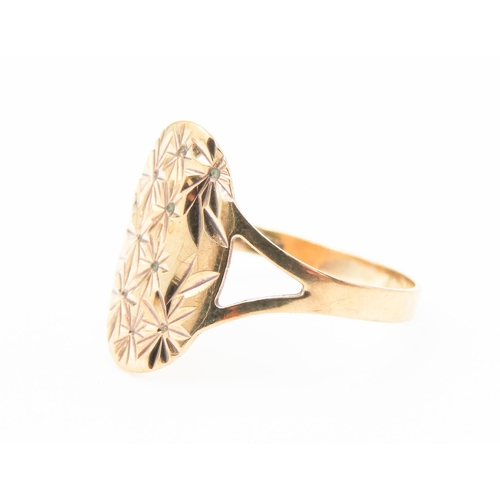 218 - 9 Carat Yellow Gold Floral Cut Design Panel Form Ring Size U