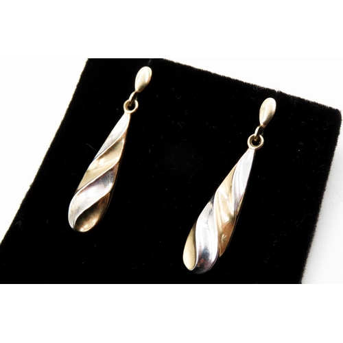 220 - Pair of 9 Carat Yellow and White Gold Twist Form Drop Earrings Each 3cm Drop