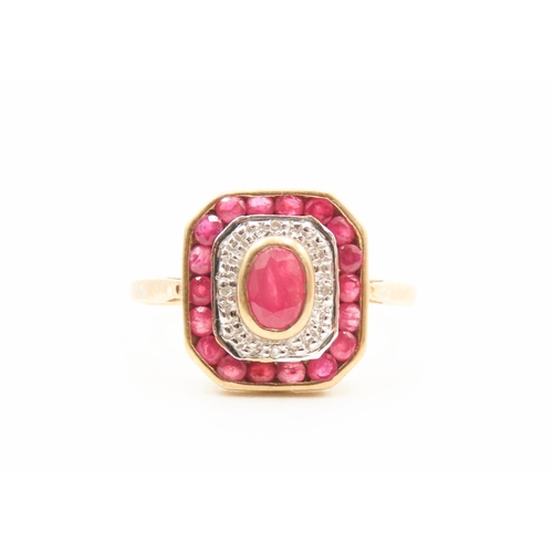 226 - Bezel Set Ruby Centre Stone Ring Further Diamonds to Setting Ruby Halo Surround Mounted in 9 Carat Y... 