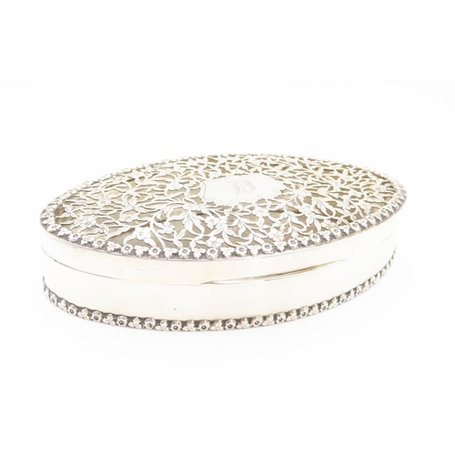 235 - Silver Oval Form Box Hinged Cover Filigree Decorated Approximately 6 Inches Wide