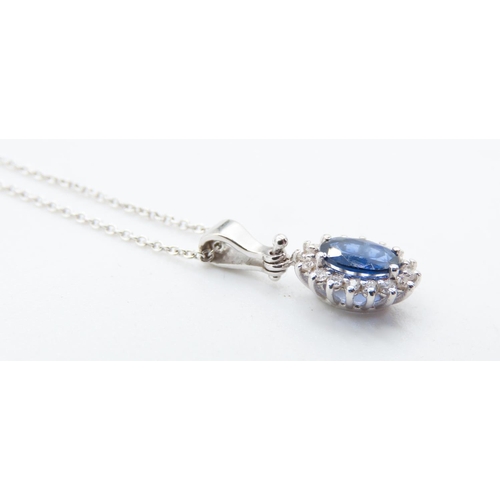 244 - Sapphire and Diamond Set Cluster Pendant Mounted in 18 Carat White Gold 2cm Drop Further Set on 18 C... 