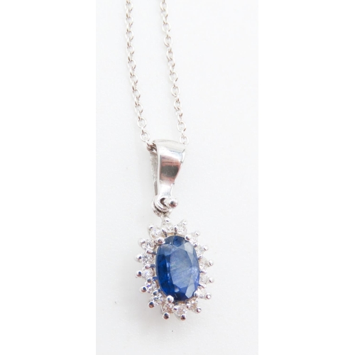 244 - Sapphire and Diamond Set Cluster Pendant Mounted in 18 Carat White Gold 2cm Drop Further Set on 18 C... 