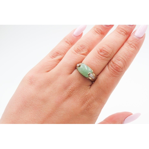 247 - Half Bezel Set Jade Centre Stone Ring Further Diamonds Set to Shoulders Mounted in 9 Carat Yellow Go... 