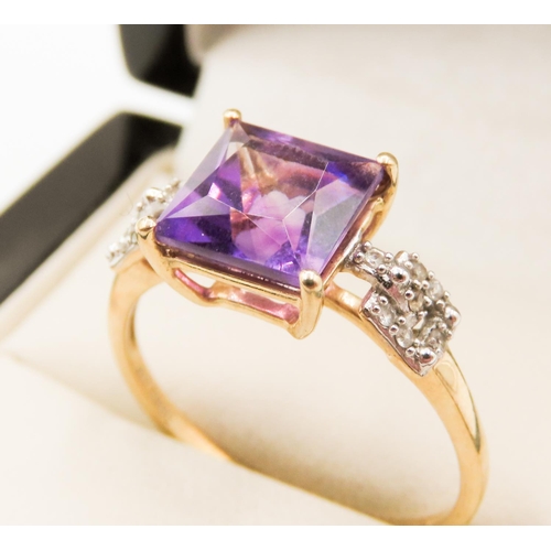 254 - Square Cut Amethyst Centre Stone Ring Mounted in 9 Carat Yellow Gold Further Gemstone Set to Shoulde... 