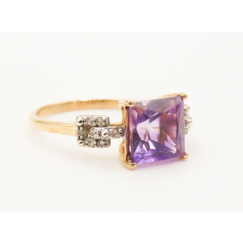 254 - Square Cut Amethyst Centre Stone Ring Mounted in 9 Carat Yellow Gold Further Gemstone Set to Shoulde... 