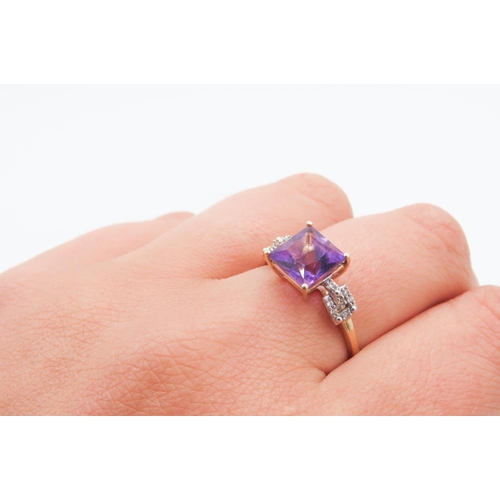 254 - Square Cut Amethyst Centre Stone Ring Mounted in 9 Carat Yellow Gold Further Gemstone Set to Shoulde... 