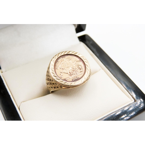 258 - 9 Carat Yellow Gold Coin Set Ring Weve Motifs to Side Ring Size M