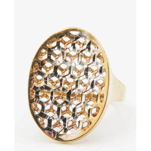 26 - 9 Carat Yellow and White Gold Honeycomb Motif Panel Ring Size T and a Half