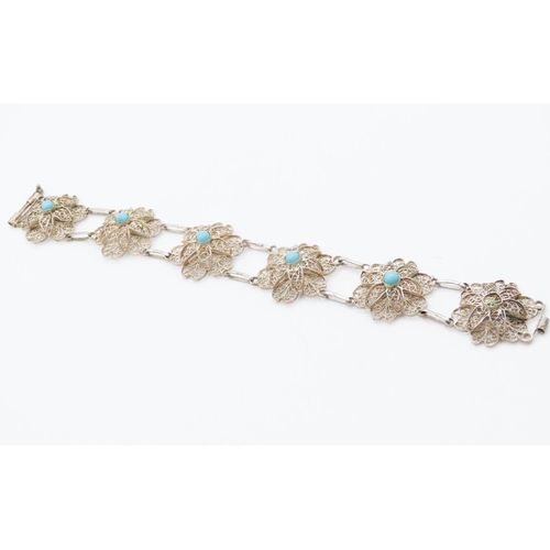 261 - Finely Detailed Turquoise Set Silver Floral Motif Bracelet 18cm Long