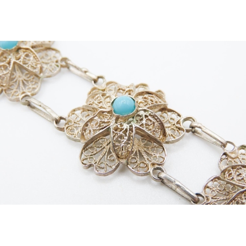 261 - Finely Detailed Turquoise Set Silver Floral Motif Bracelet 18cm Long