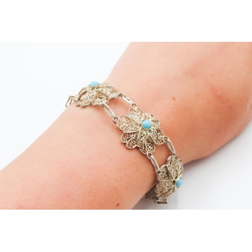 261 - Finely Detailed Turquoise Set Silver Floral Motif Bracelet 18cm Long