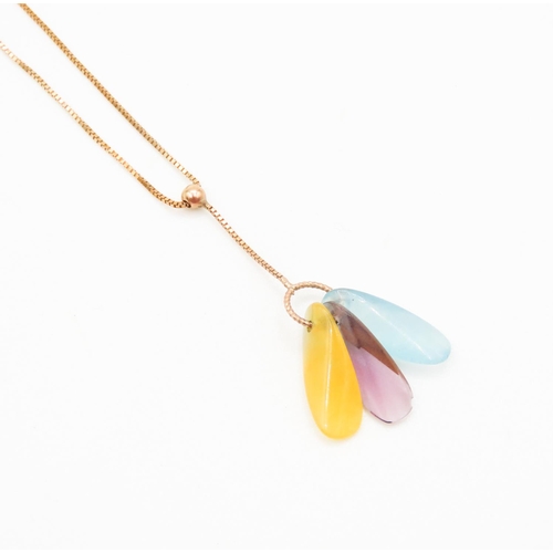 264 - Aquamarine Amethyst and Citrine Set 9 Carat Yellow Gold Necklace 38cm Long Pendant 3cm Drop