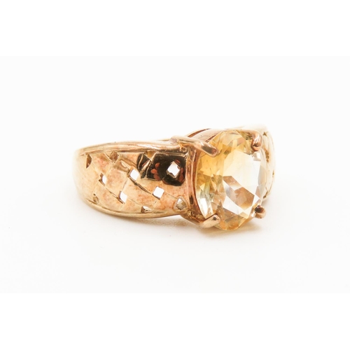 269 - 9 Carat Yellow Gold Four Claw Citrine Single Stone Ring Weave Motif Band Ring Size N and a Half