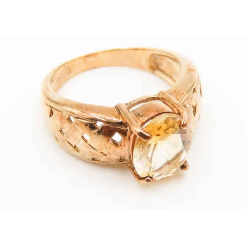 269 - 9 Carat Yellow Gold Four Claw Citrine Single Stone Ring Weave Motif Band Ring Size N and a Half