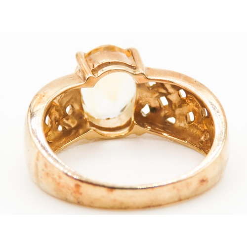 269 - 9 Carat Yellow Gold Four Claw Citrine Single Stone Ring Weave Motif Band Ring Size N and a Half