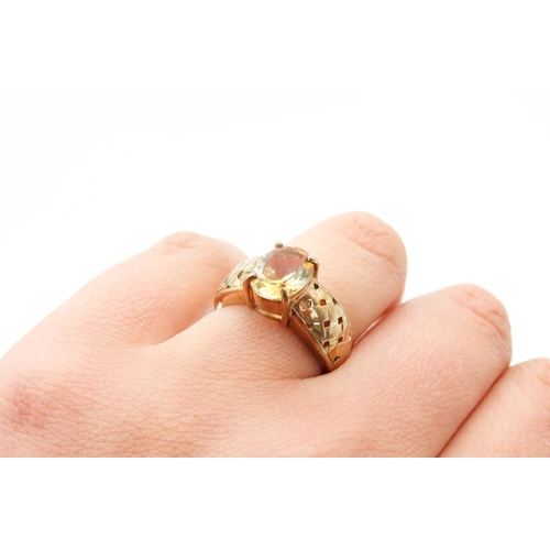 269 - 9 Carat Yellow Gold Four Claw Citrine Single Stone Ring Weave Motif Band Ring Size N and a Half