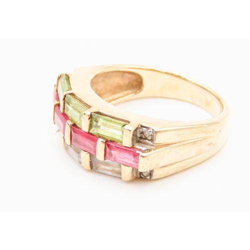 27 - Ten Stone Peridot Ruby and Aquamarine Set Ring Half Bezel Setting Mounted in 9 Carat Yellow Gold Fur... 