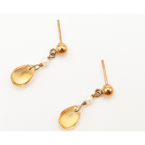 273 - Pair of 9 Carat Yellow Gold Citrine and Seed Pearl Drop Earrings