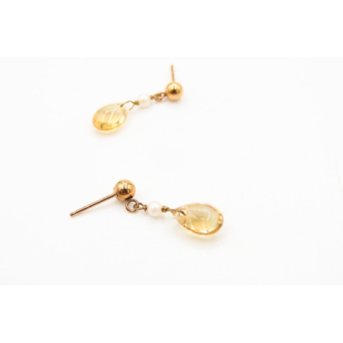 273 - Pair of 9 Carat Yellow Gold Citrine and Seed Pearl Drop Earrings