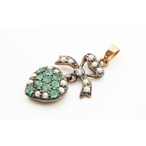 274 - Emerald and Seed Pearl and Diamond Set Heart and Bow Pendant Mounted in Silver Gilt and 9 Carat Yell... 