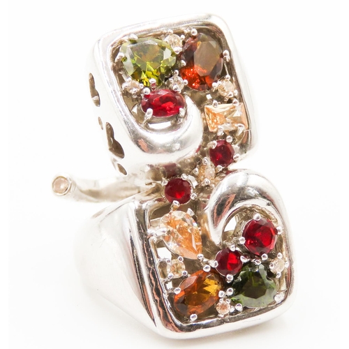 276 - Garnet Citrine and Peridot Set Statement Cluster Ring Mounted in Silver Ring Size P Size Can Be Exte... 