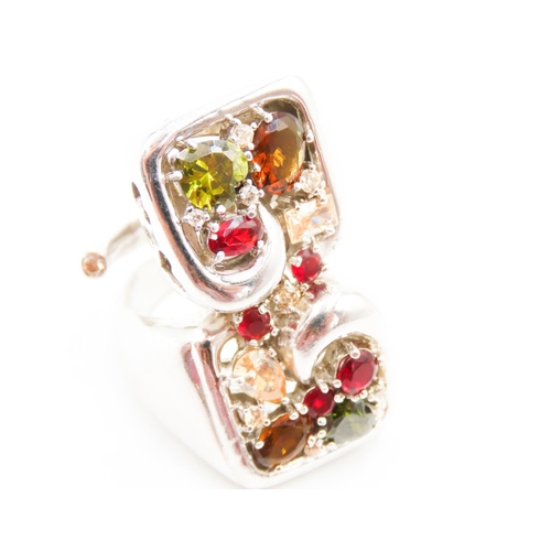 276 - Garnet Citrine and Peridot Set Statement Cluster Ring Mounted in Silver Ring Size P Size Can Be Exte... 