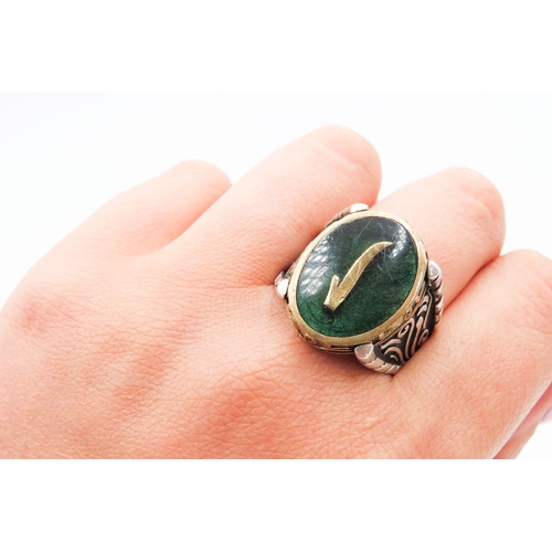 281 - Unusual Silver Enameled Elif Motif Ring with Ottoman Tugra Design Ring Size X