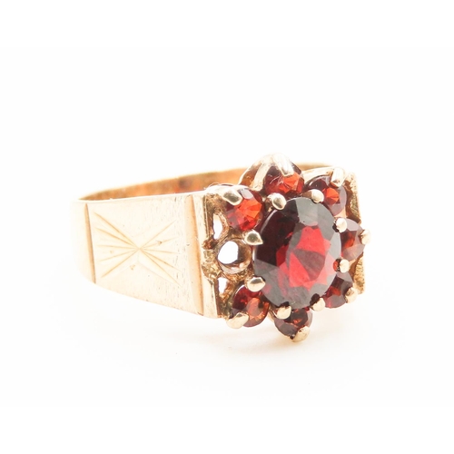 288 - Red Garnet Daisy Motif Ring Set in 9 carat Yellow Gold Ring Size N