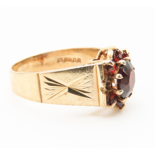 288 - Red Garnet Daisy Motif Ring Set in 9 carat Yellow Gold Ring Size N