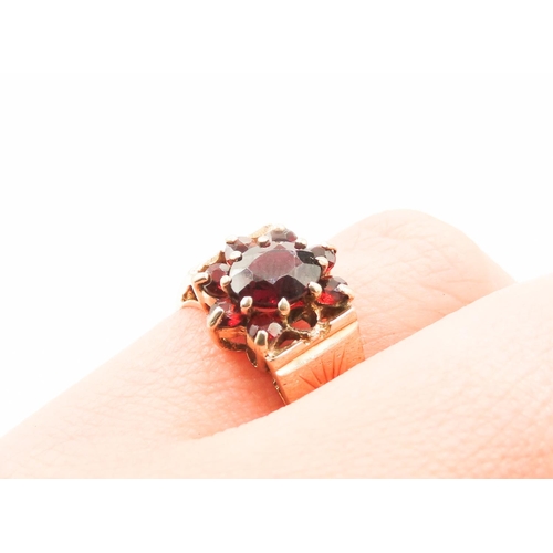 288 - Red Garnet Daisy Motif Ring Set in 9 carat Yellow Gold Ring Size N