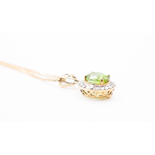 303 - Peridot and Diamond Set Cluster Pendant Mounted in 9 Carat Yellow Gold 2cm Drop Set on 9 Carat Yello... 