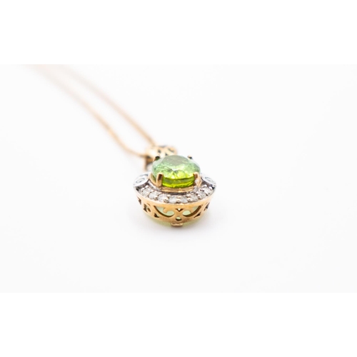 303 - Peridot and Diamond Set Cluster Pendant Mounted in 9 Carat Yellow Gold 2cm Drop Set on 9 Carat Yello... 