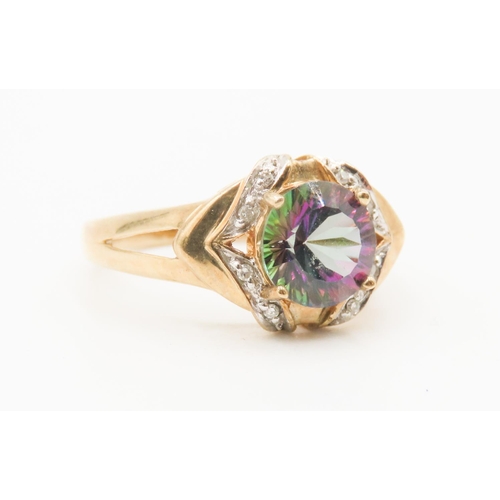 311 - Finely Set Mystic Topaz Ring Mounted in 9 Carat Yellow Gold Further Diamonds Set to Sides Ring Size ... 