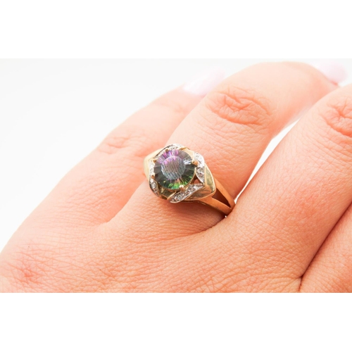 311 - Finely Set Mystic Topaz Ring Mounted in 9 Carat Yellow Gold Further Diamonds Set to Sides Ring Size ... 