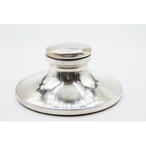 345 - Silver Circular Form Desk Inkwell Hinged Cover 11cm Diameter 5cm High