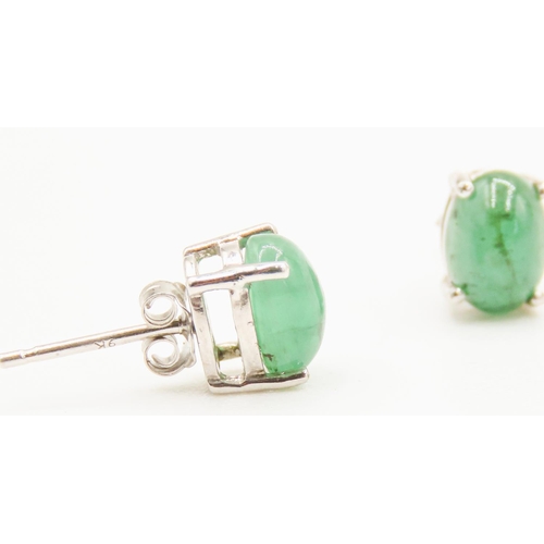 35 - Pair of Cabochon Cut Emerald Set Earrings Mounted in 9 Carat White Gold Each 6mm High