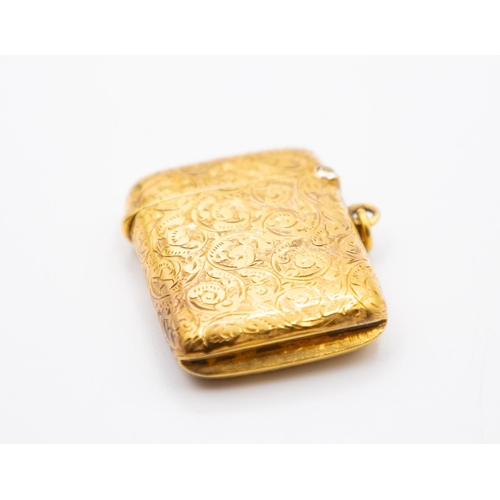 351 - 9 Carat Yellow Gold Vesta Case Incised Detailing Striker to Base 3.5cm Long 2.5cm Wide