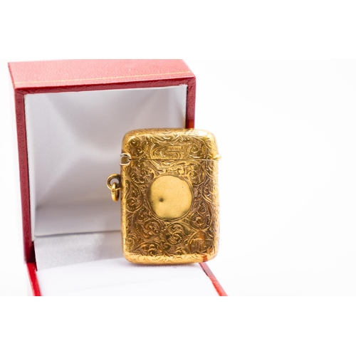 351 - 9 Carat Yellow Gold Vesta Case Incised Detailing Striker to Base 3.5cm Long 2.5cm Wide