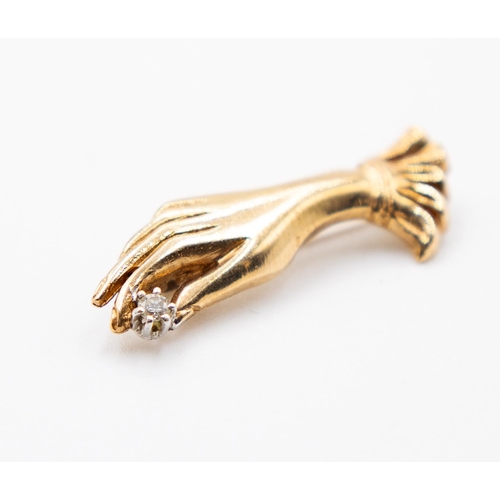 353 - 9 Carat Yellow Gold Gloved Hand Holding Diamond Brooch 2.5cm Long