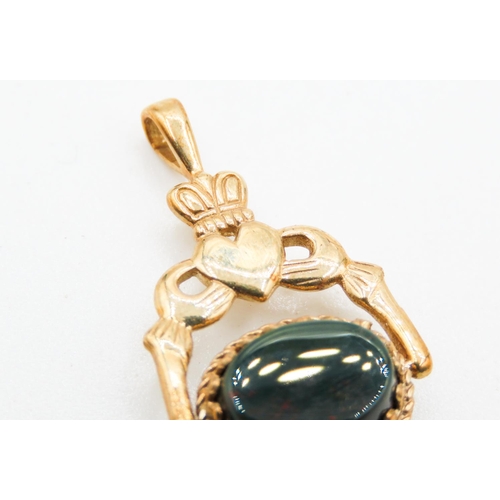 363 - Bloodstone and Carnelian Set Claddagh Form Swivel Fob Pendant Set in 9 Carat Yellow Gold 2.5cm High ... 