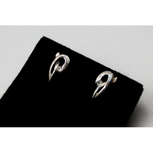 367 - Pair of 9 Carat White Gold Gemstone Set Loop Form Earrings 1cm High As New Unworn