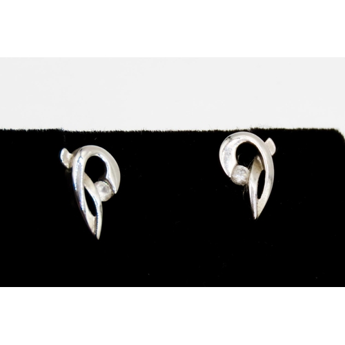 367 - Pair of 9 Carat White Gold Gemstone Set Loop Form Earrings 1cm High As New Unworn